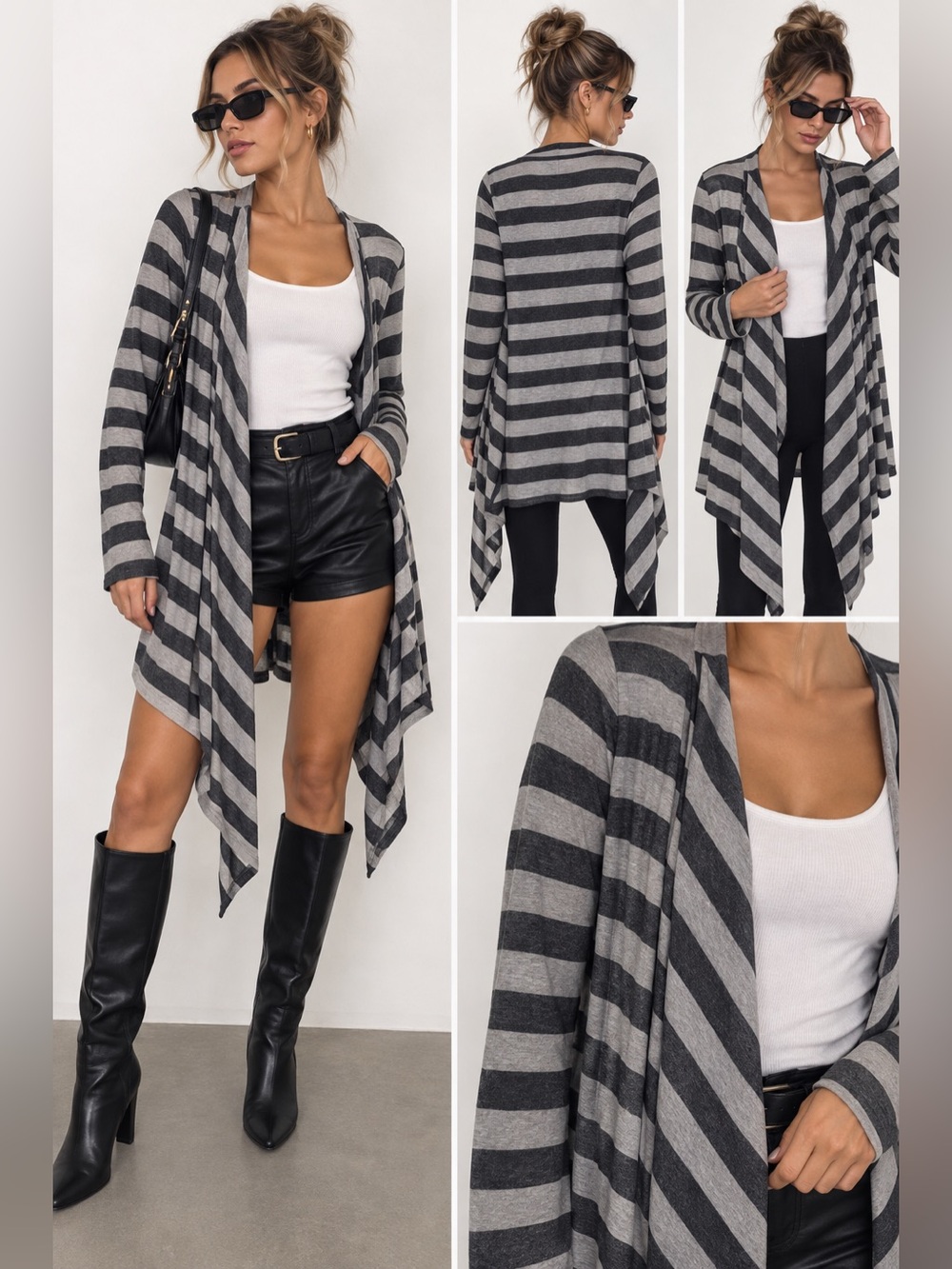 MICHAEL Michael Kors Gray and Black Striped Open-Front Cardigan Size XS